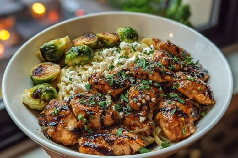 Hot Honey Balsamic Chicken Alfredo with Whipped Feta & Crispy Brussels Chips