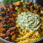 Hot Honey Cajun Chicken Alfredo with Basil Feta Swirl & Crispy Brussels Chips