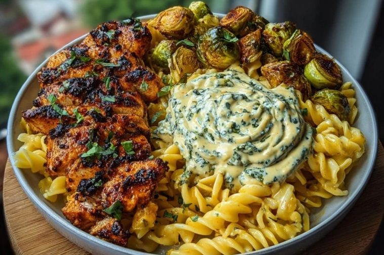 Hot Honey Cajun Chicken Alfredo with Basil Feta Swirl & Crispy Brussels Chips