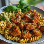 Hot Honey Garlic Chicken Bites & Cajun Alfredo with Crispy Broccoli Twists