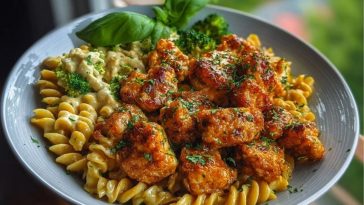 Hot Honey Garlic Chicken Bites & Cajun Alfredo with Crispy Broccoli Twists