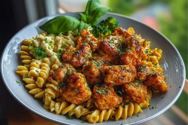 Hot Honey Garlic Chicken Bites & Cajun Alfredo with Crispy Broccoli Twists