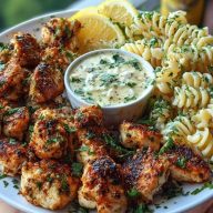 Lemon Cajun Chicken Bites with Creamy Garlic Herb Alfredo Twists