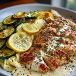 Lemon Dill Chicken Alfredo with Roasted Red Pepper Whipped Feta & Crispy Parmesan Zucchini