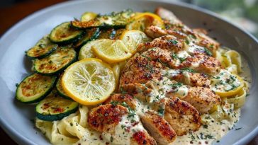 Lemon Dill Chicken Alfredo with Roasted Red Pepper Whipped Feta & Crispy Parmesan Zucchini