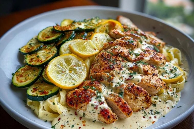 Lemon Dill Chicken Alfredo with Roasted Red Pepper Whipped Feta & Crispy Parmesan Zucchini