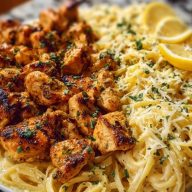 Lemon Garlic Butter Chicken Bites with Savory Parmesan Linguine