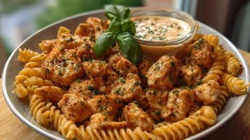 Lemon Pepper Chicken Bites & Roasted Red Pepper Cajun Alfredo Twists