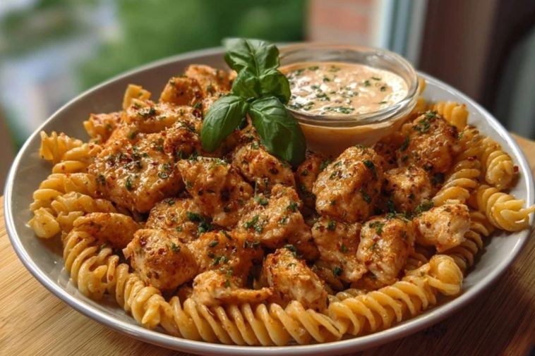 Lemon Pepper Chicken Bites & Roasted Red Pepper Cajun Alfredo Twists