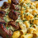 Rigatoni in Garlic Butter Parmesan Cream Sauce with Cajun Steak Tips
