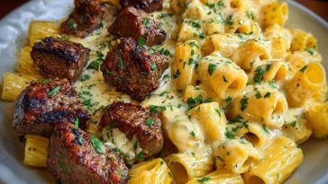 Rigatoni in Garlic Butter Parmesan Cream Sauce with Cajun Steak Tips