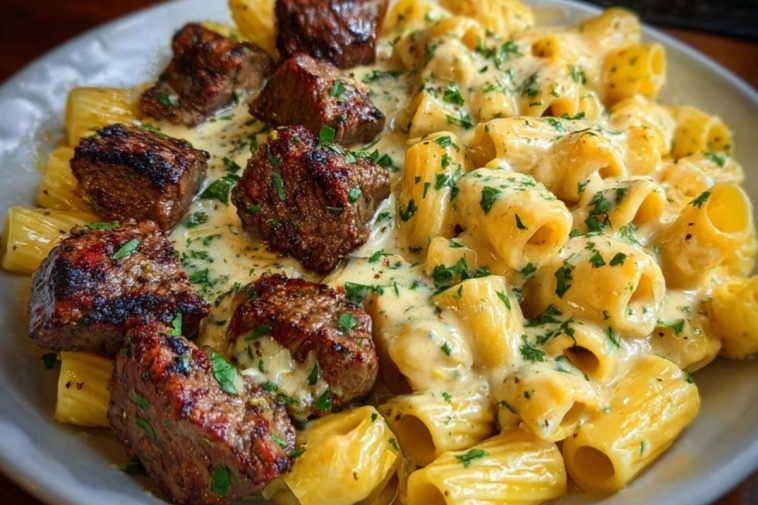 Rigatoni in Garlic Butter Parmesan Cream Sauce with Cajun Steak Tips