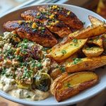 Smoked Paprika Chicken Alfredo with Feta-Tahini Cream & Crispy Brussels-Potato Combo Wedges