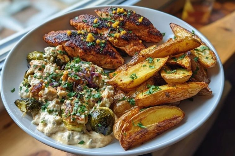 Smoked Paprika Chicken Alfredo with Feta-Tahini Cream & Crispy Brussels-Potato Combo Wedges