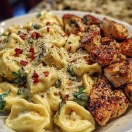 Spicy Garlic Chicken Tortellini in Cheesy Alfredo Cream