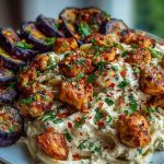 Spicy Whipped Feta Chicken Alfredo with Crispy Eggplant Wedges & Chili Oil Drizzle
