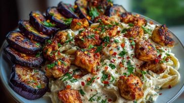 Spicy Whipped Feta Chicken Alfredo with Crispy Eggplant Wedges & Chili Oil Drizzle