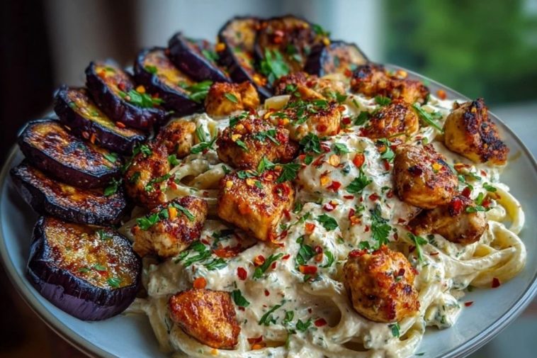Spicy Whipped Feta Chicken Alfredo with Crispy Eggplant Wedges & Chili Oil Drizzle