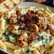 Garlic Butter Chicken Penne with Creamy Three-Cheese Sauce