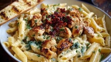 Garlic Butter Chicken Penne with Creamy Three-Cheese Sauce