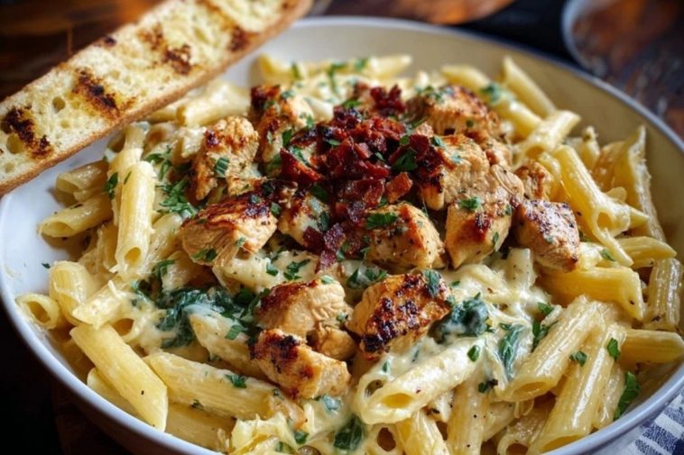 Garlic Butter Chicken Penne with Creamy Three-Cheese Sauce