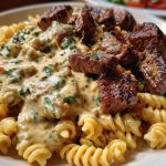Steak Bites in Garlic Parmesan Sauce over Rotini