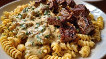Steak Bites in Garlic Parmesan Sauce over Rotini