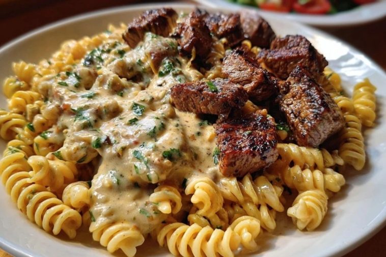 Steak Bites in Garlic Parmesan Sauce over Rotini