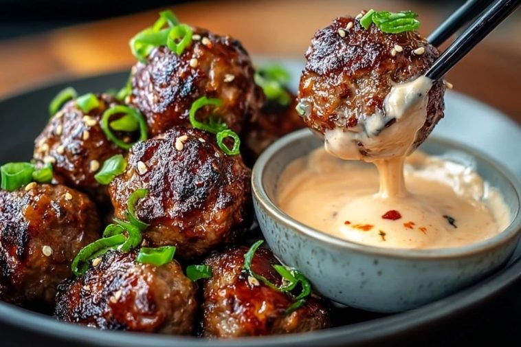 Tender Korean BBQ Meatballs with Spicy Mayo Dip