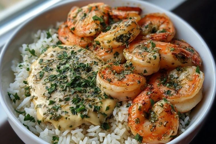 The Best Garlic Butter Shrimp Bowl Recipe with Herb Rice