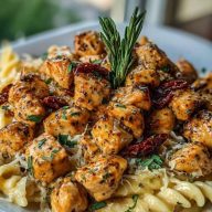 Tuscan Garlic Chicken Bites & Sun-Dried Tomato Cajun Alfredo Pasta