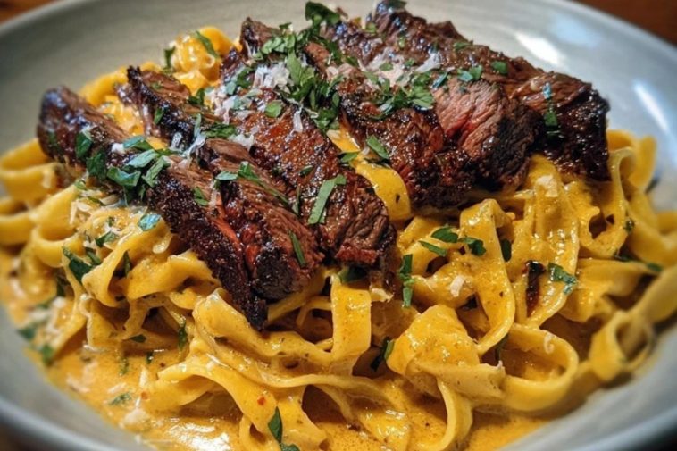 Velveeta Steak Fettuccine with Garlic Butter Cream Sauce