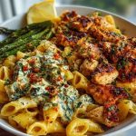 Zesty Greek Chicken Pasta with Spicy Harissa Feta Cream & Roasted Asparagus Crisps