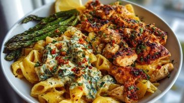 Zesty Greek Chicken Pasta with Spicy Harissa Feta Cream & Roasted Asparagus Crisps