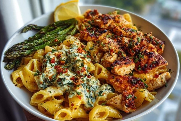 Zesty Greek Chicken Pasta with Spicy Harissa Feta Cream & Roasted Asparagus Crisps