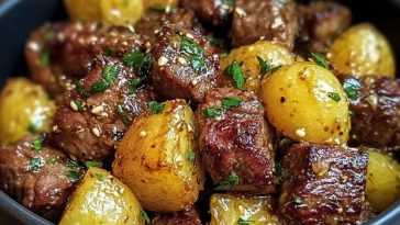 Air Fryer Garlic Butter Steak Bites and Potatoes