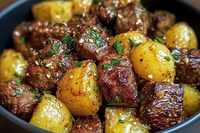 Air Fryer Garlic Butter Steak Bites and Potatoes