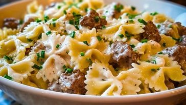 Beef and Bowtie Pasta with Alfredo Sauce