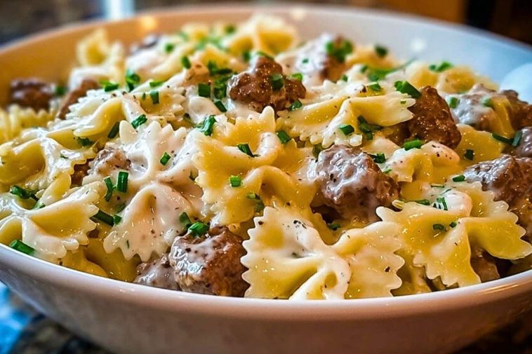 Beef and Bowtie Pasta with Alfredo Sauce