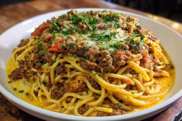 Cajun Beef Spaghetti in Creamy Three-Cheese Parmesan Sauce