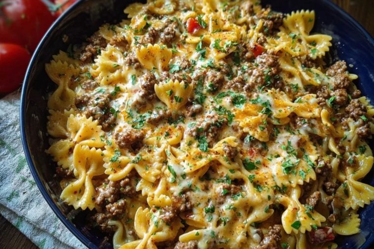 Cajun Cream Cheese Alfredo Bowties with Spiced Ground Beef