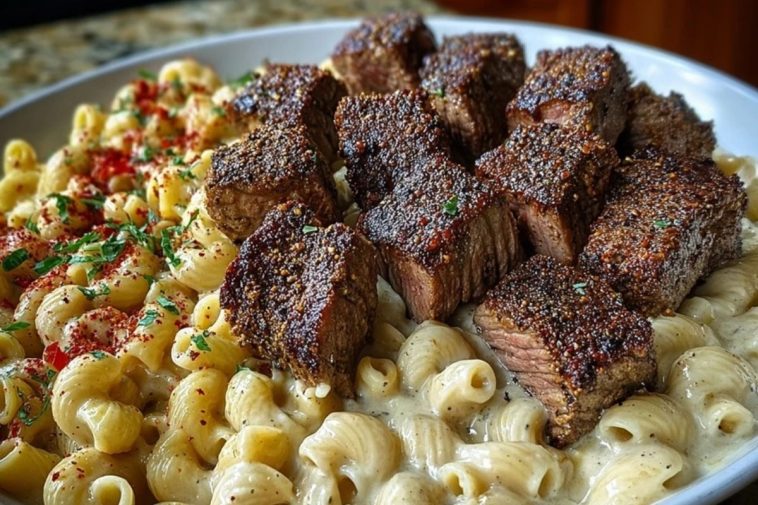 Cajun Steak Bites with Cheesy Garlic Shell Pasta Skillet