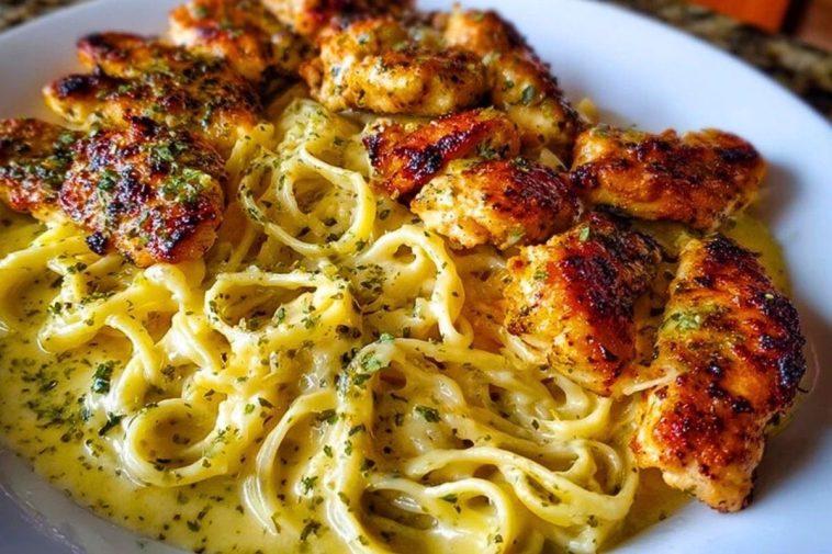Cheesy Alfredo Linguine with Golden Garlic Butter Chicken in Creamy Sauce