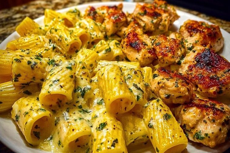 Cheesy Garlic Butter Chicken Rigatoni in Creamy Alfredo Sauce