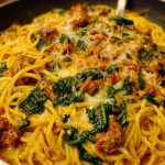 Cheesy Garlic Butter Spaghetti with Italian Sausage & Spinach