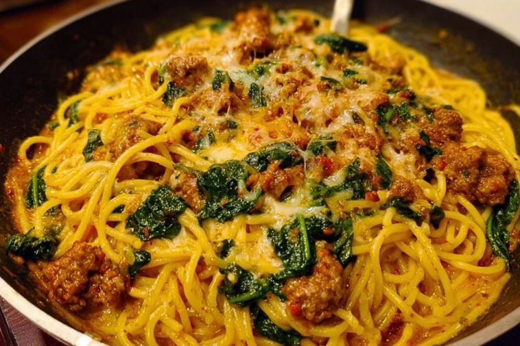 Cheesy Garlic Butter Spaghetti with Italian Sausage & Spinach