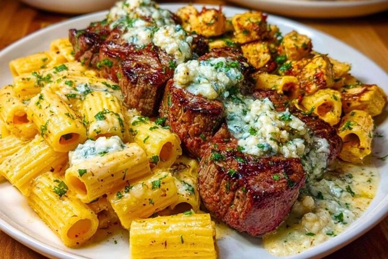 Cheesy Garlic Butter Steak with Rigatoni in Four-Cheese Sauce