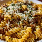 Cheesy Garlic Twisted Pasta with Cajun Ground Beef and Alfredo Velveeta