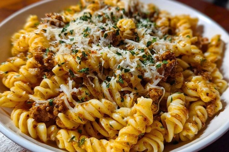 Cheesy Garlic Twisted Pasta with Cajun Ground Beef and Alfredo Velveeta
