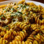 Cheesy Rotini Pasta with Garlic Butter Sauce and Ground Beef